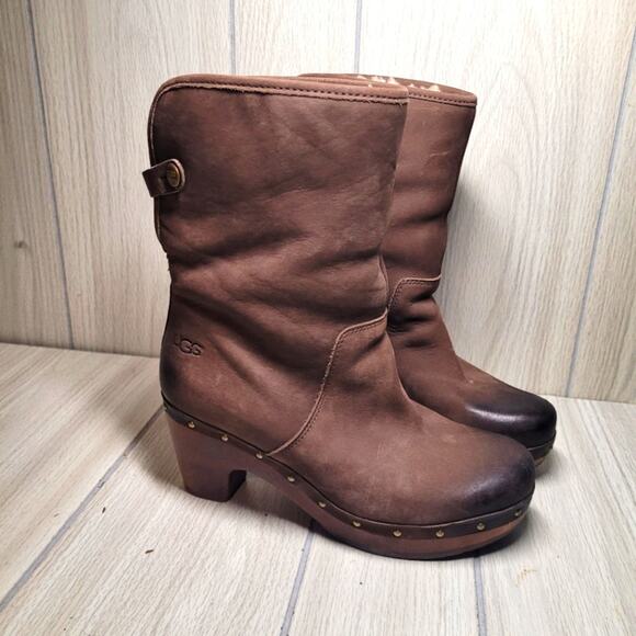 UGG Australian Womens Lynea Leather Sheepskin Boots Winter Fold Over Shearling 7 - Picture 1 of 9